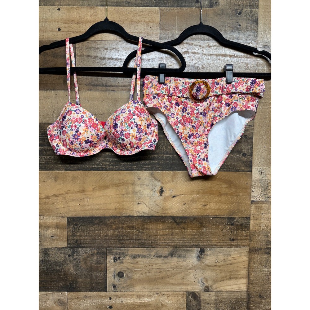 Jette Floral‎ Belted Bikini Set Underwire Top High Waist Bottoms Pink Small